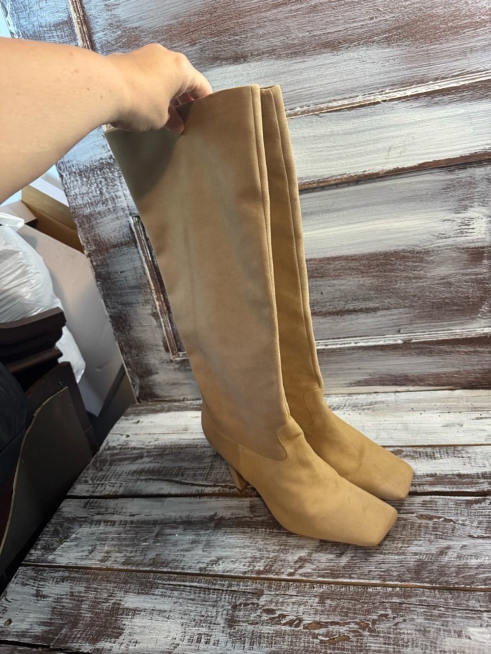 Knee-High Suede Heeled Boots in Camel